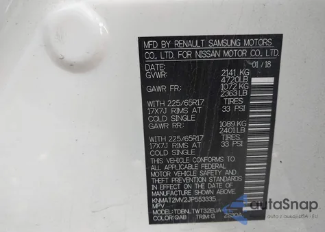 2018 Nissan Rogue Sv z USA, uszkodzony, nr VIN KNMAT2MV2JP553335